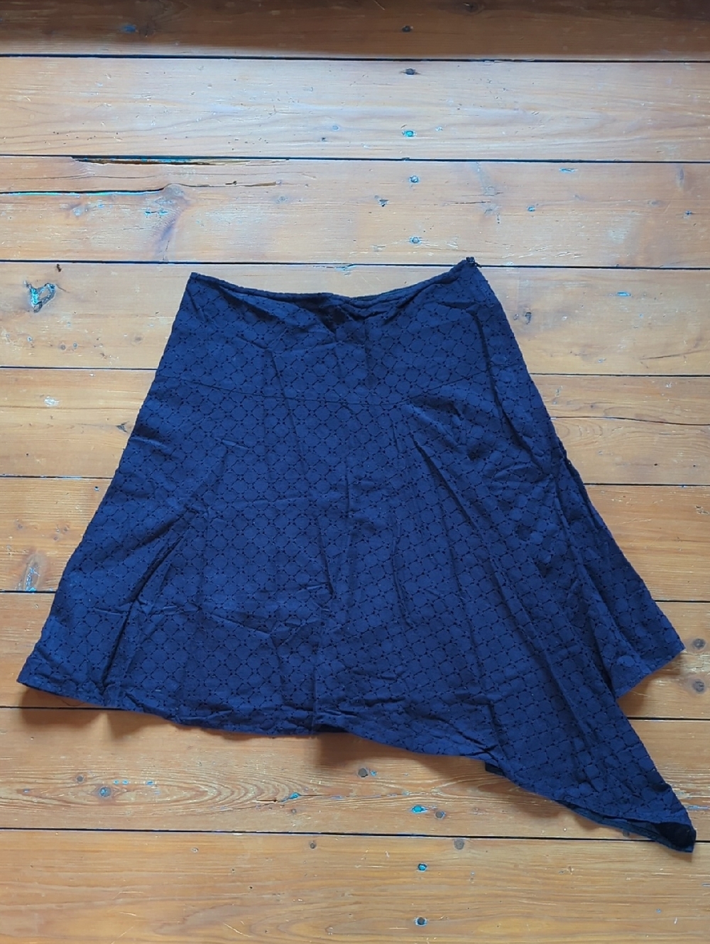 298-Asymmetrical Navy Eyelet Midi Skirt
